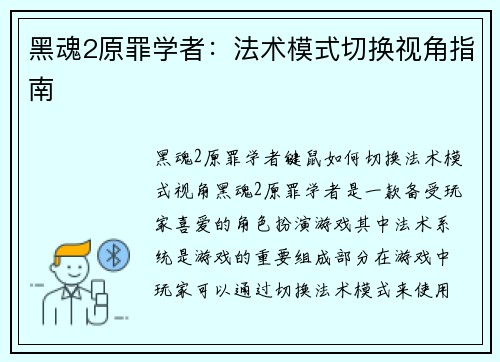 黑魂2原罪学者:法术模式切换视角指南